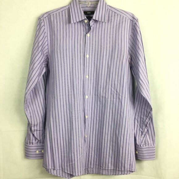 Hugo Boss Shirt Mens Sz 15 32 33 Purple Striped Sharp Fit Long Sleeve Button Up - Picture 1 of 9